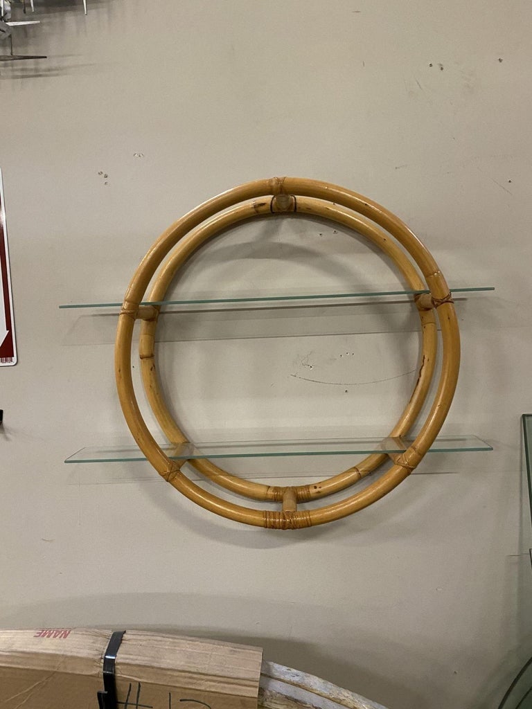 Restored Circular Rattan Wall "Skeleton" Shelf W/ Glass Tiers - 3