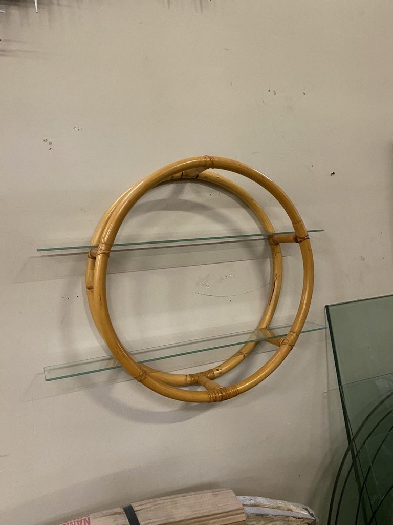 Restored Circular Rattan Wall "Skeleton" Shelf W/ Glass Tiers - 4