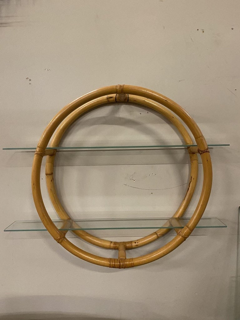 Restored Circular Rattan Wall "Skeleton" Shelf W/ Glass Tiers - 5