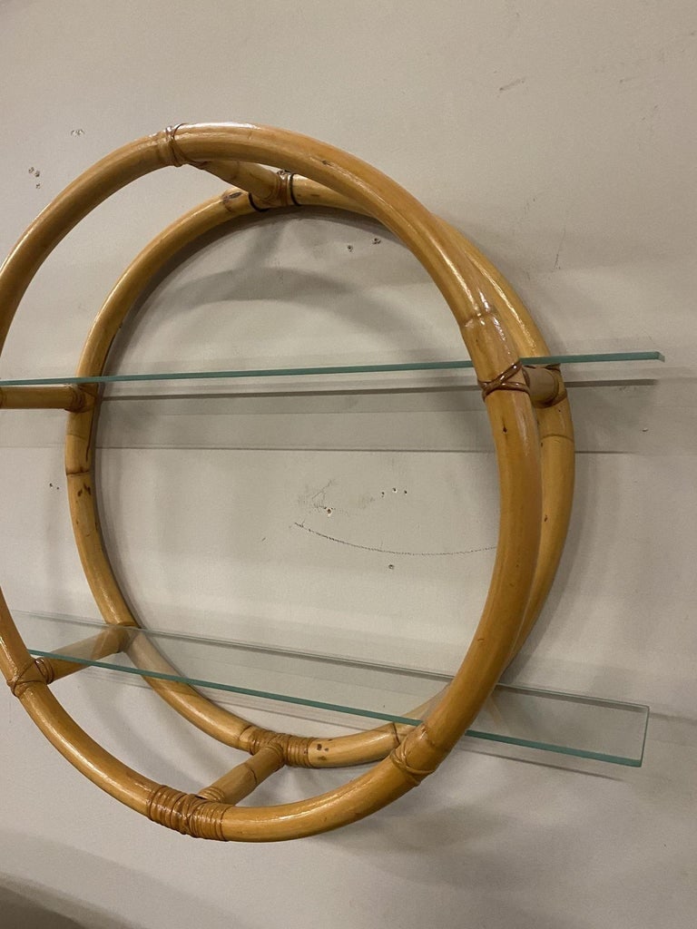 Restored Circular Rattan Wall "Skeleton" Shelf W/ Glass Tiers - 6