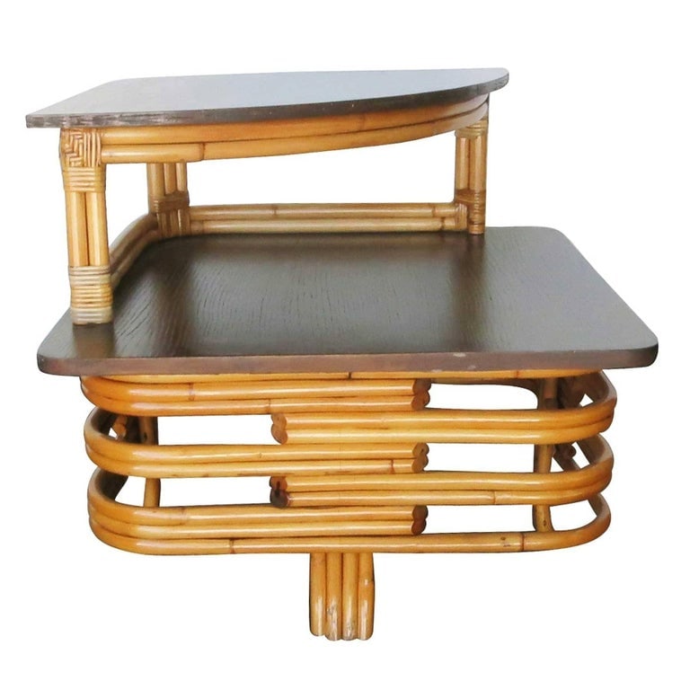 Restored Stacked Rattan & Mahogany Corner Side Side Table - 3