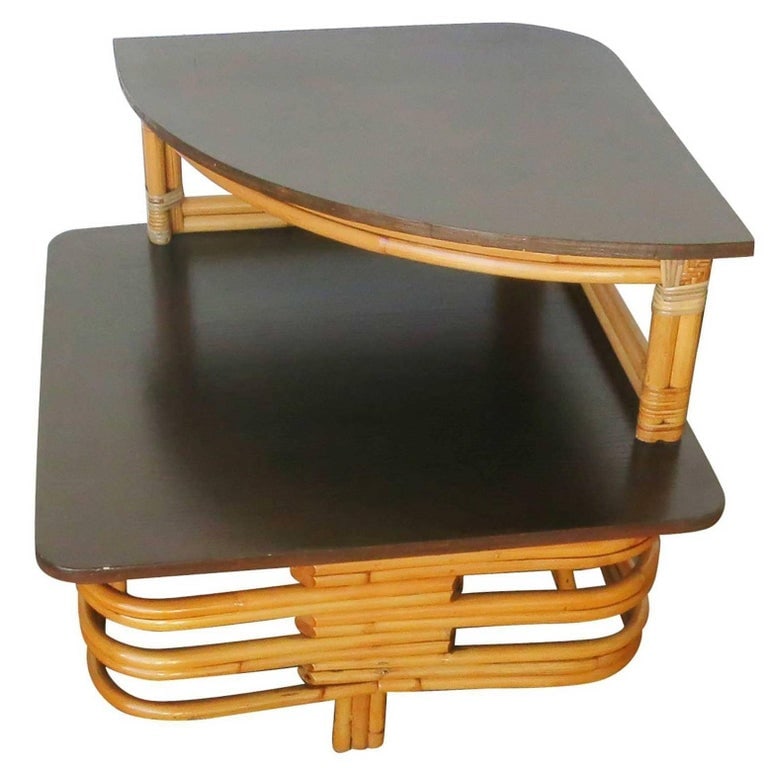 Restored Stacked Rattan & Mahogany Corner Side Side Table - 9