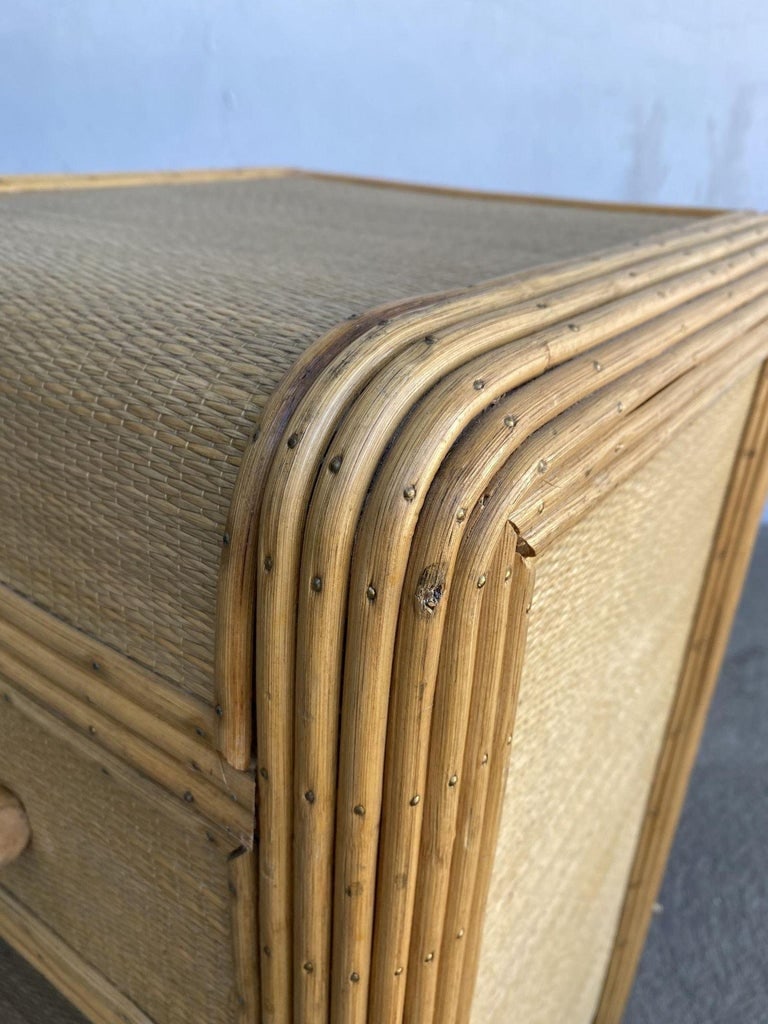Restored Streamline Stick Reed Rattan Side Table with Grass Mat Coverings - 11