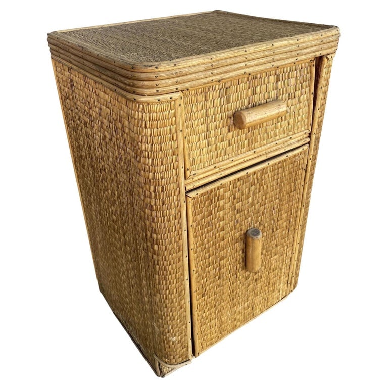 Restored Streamline Stick Reed Rattan Side Table with Grass Mat Coverings - 2