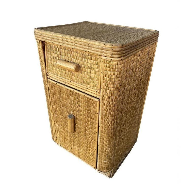 Restored Streamline Stick Reed Rattan Side Table with Grass Mat Coverings - 3