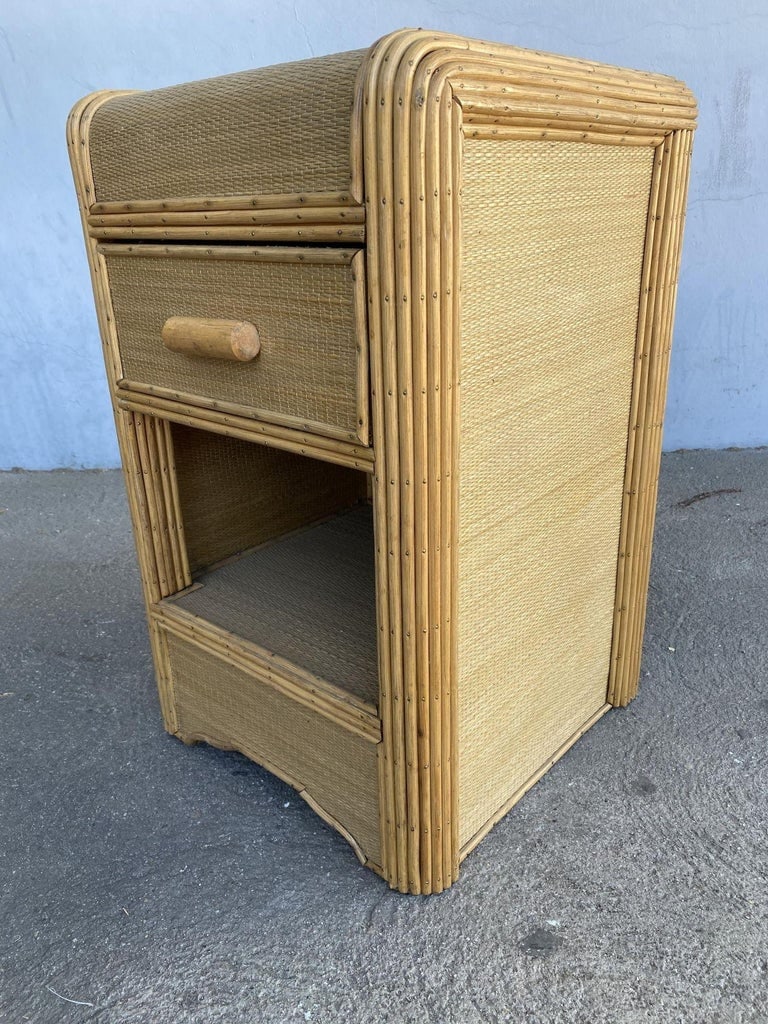 Restored Streamline Stick Reed Rattan Side Table with Grass Mat Coverings - 5