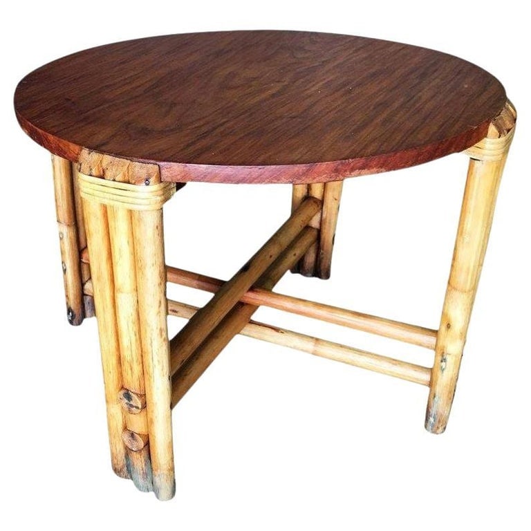 Restored Round Rattan Coffee Table W/ Mahogany Top - 2