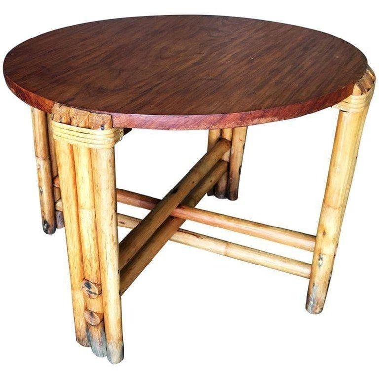 Restored Round Rattan Coffee Table W/ Mahogany Top - 3