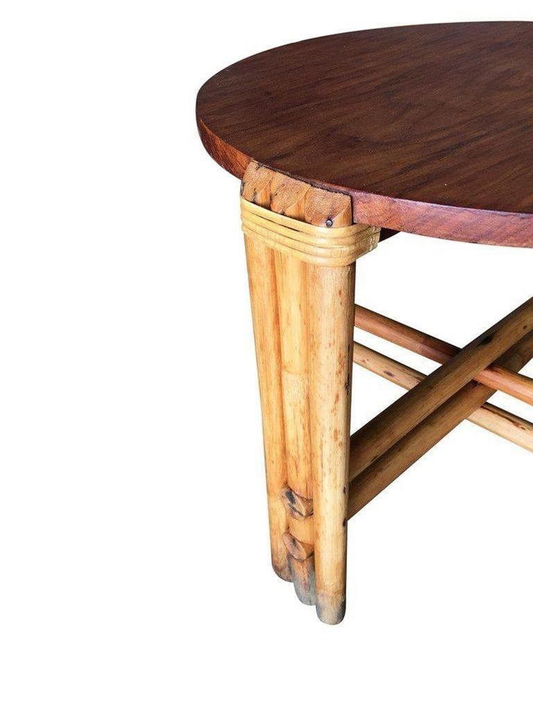Restored Round Rattan Coffee Table W/ Mahogany Top - 4