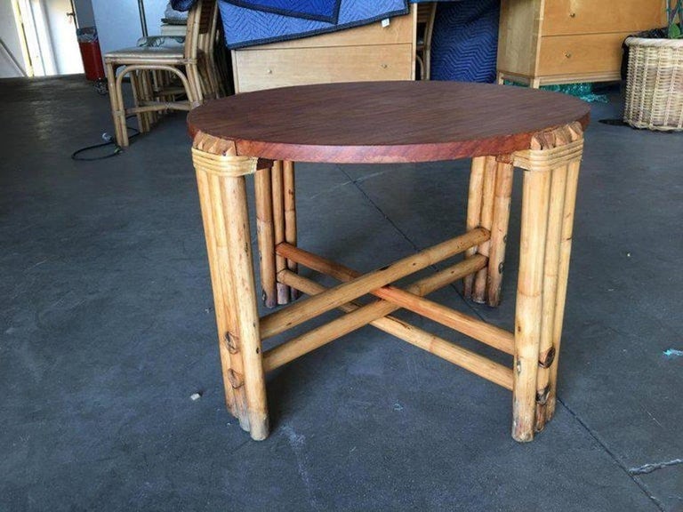 Restored Round Rattan Coffee Table W/ Mahogany Top - 5