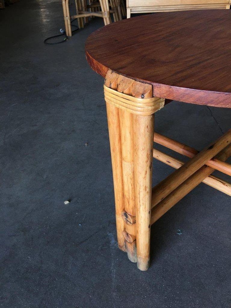 Restored Round Rattan Coffee Table W/ Mahogany Top - 7