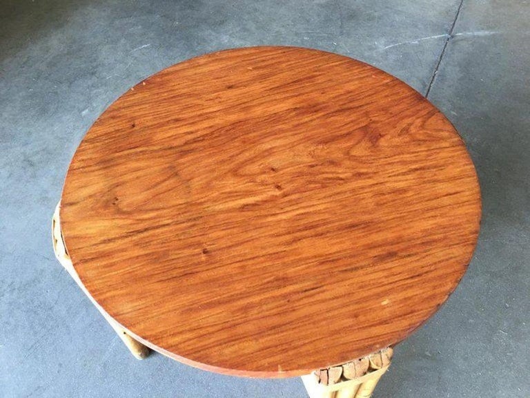 Restored Round Rattan Coffee Table W/ Mahogany Top - 8