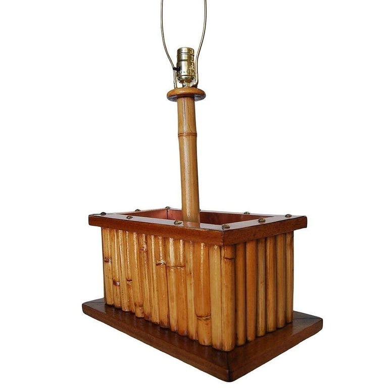 Restored Rare Rattan & Koa Wood Planter Table Lamp w/ Large Copper Accent - 3
