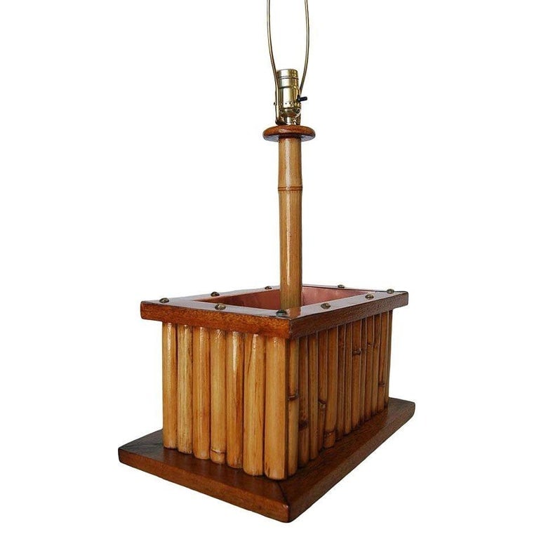 Restored Rare Rattan & Koa Wood Planter Table Lamp w/ Large Copper Accent - 5