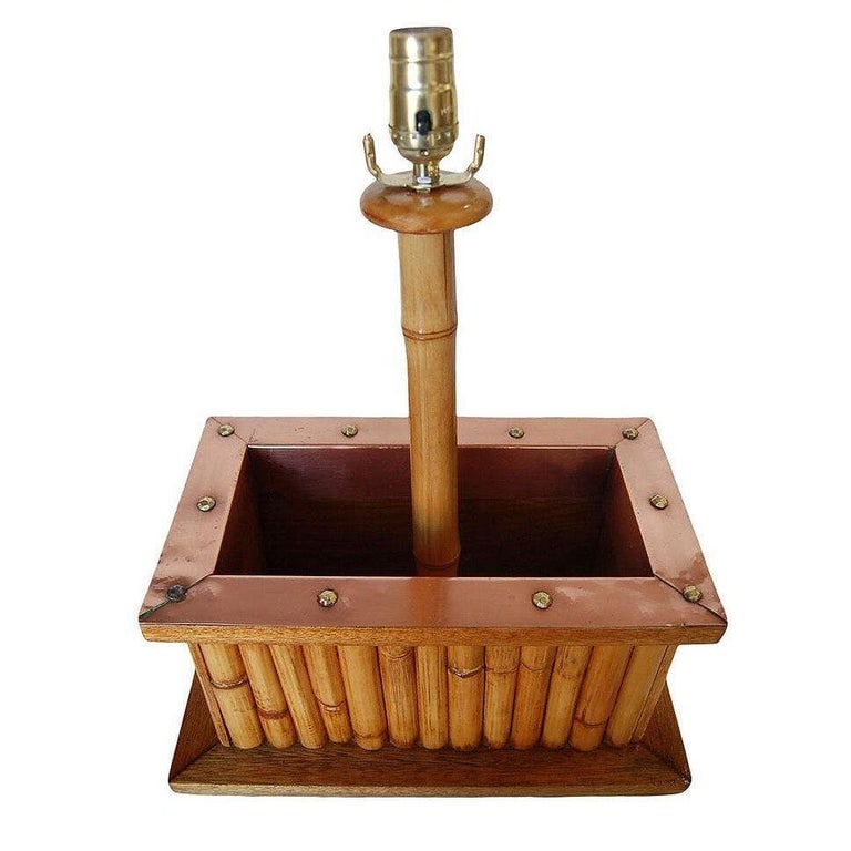 Restored Rare Rattan & Koa Wood Planter Table Lamp w/ Large Copper Accent - 6