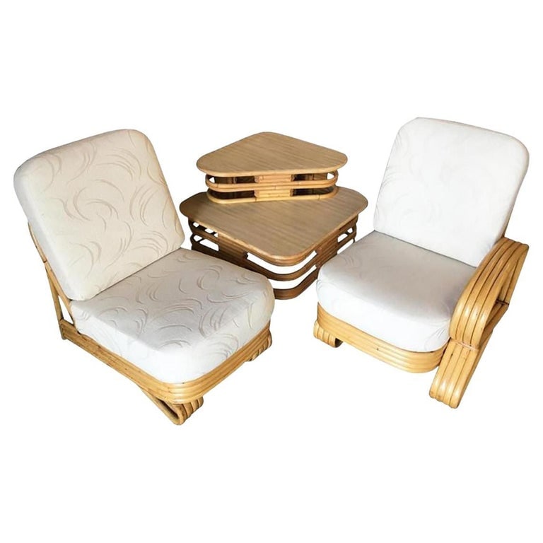 Restored Quad Strand "R" Arm 2 Seat Rattan Corner Sofa with Side Table: Rare "R" arm rattan 2-seaters sectional sofa with "Quad Pole" design featuring 4 strand rattan arms, legs, and 4 pole base. Comes with a two-tier rattan side table that can be configured in several ar