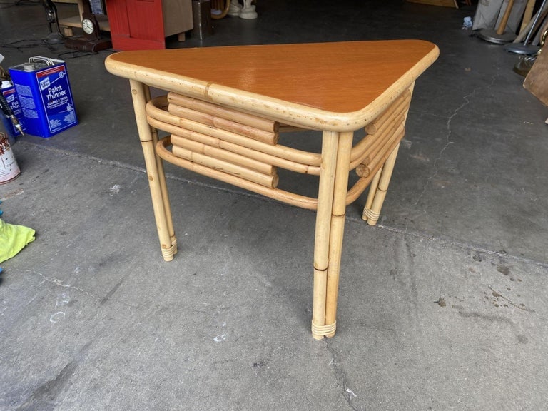 Restored Stacked Rattan Corner Side Table with Mahogany Tabletop - 3