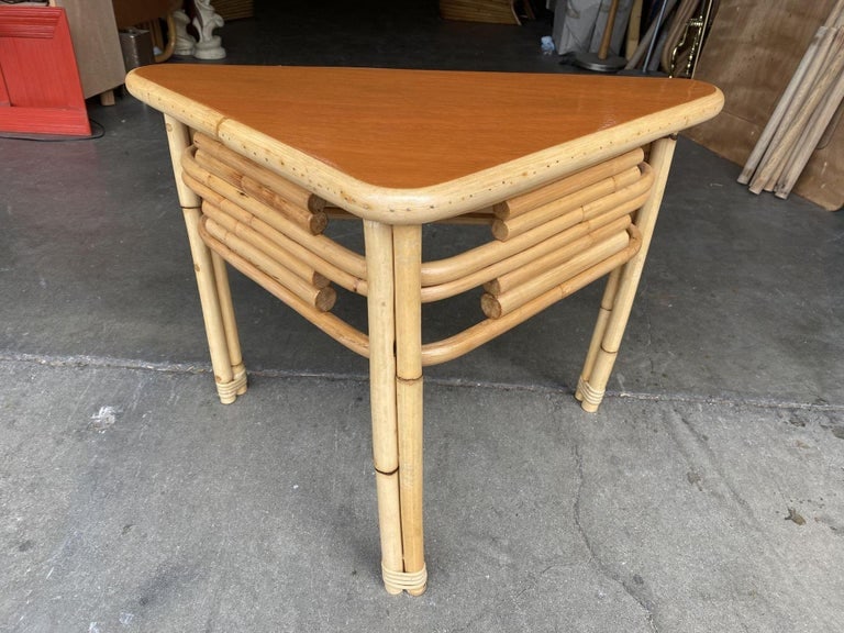 Restored Stacked Rattan Corner Side Table with Mahogany Tabletop - 4