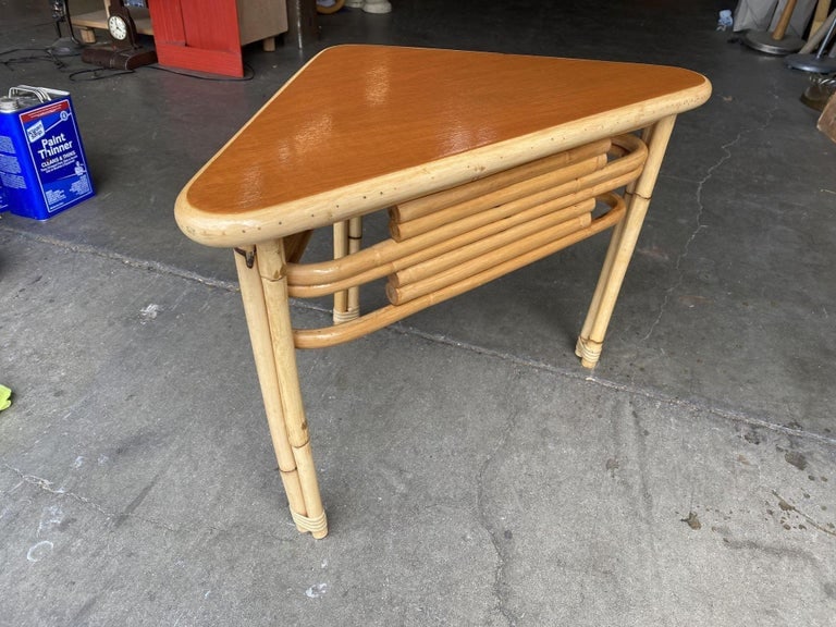 Restored Stacked Rattan Corner Side Table with Mahogany Tabletop - 5