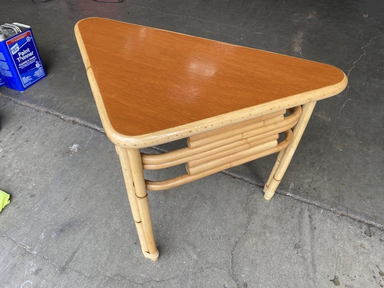 Restored Stacked Rattan Corner Side Table with Mahogany Tabletop - 6
