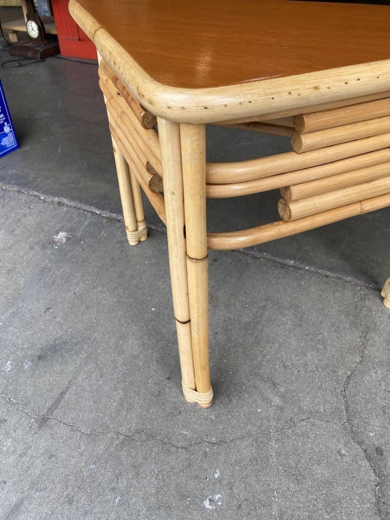 Restored Stacked Rattan Corner Side Table with Mahogany Tabletop - 8
