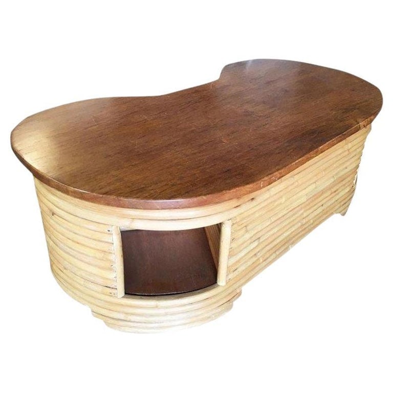 Restored Biomorphic Rattan & Mahogany Coffee Table W Cubby Storage - 2