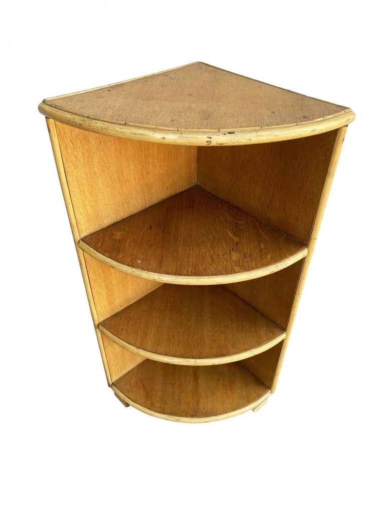 Restored Tropical Koa Wood Corner Shelf W/ Rattan Boarder - 3