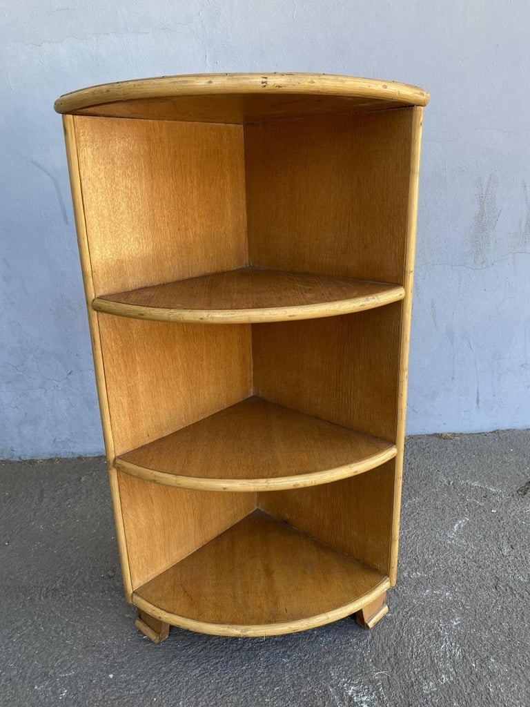 Restored Tropical Koa Wood Corner Shelf W/ Rattan Boarder - 6