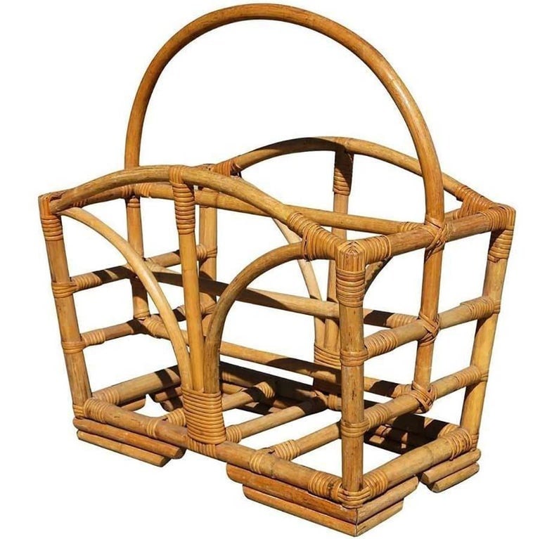 Restored Rattan Magazine Rack W/ Stacked Base - 4