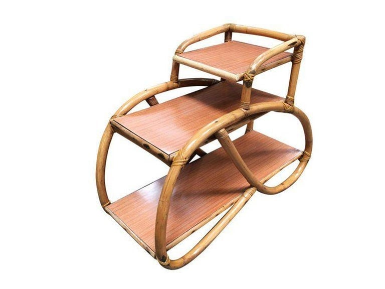Restored 3/4 Pretzel Rattan Three-Tier Side Table, Pair - 3