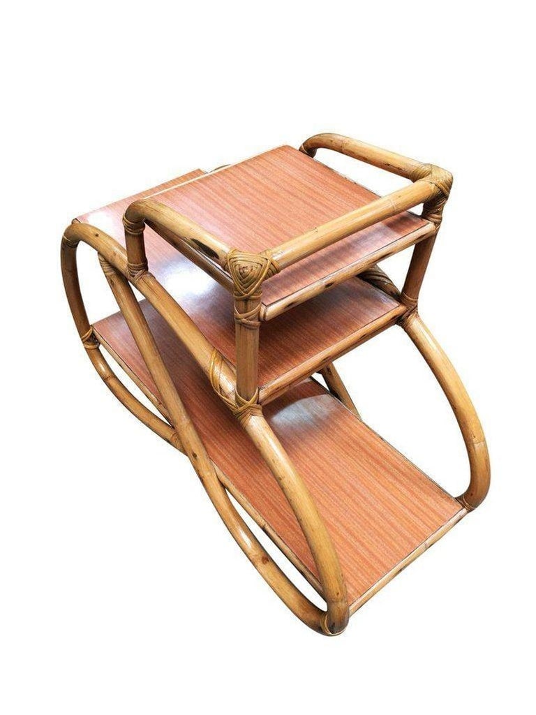 Restored 3/4 Pretzel Rattan Three-Tier Side Table, Pair - 4