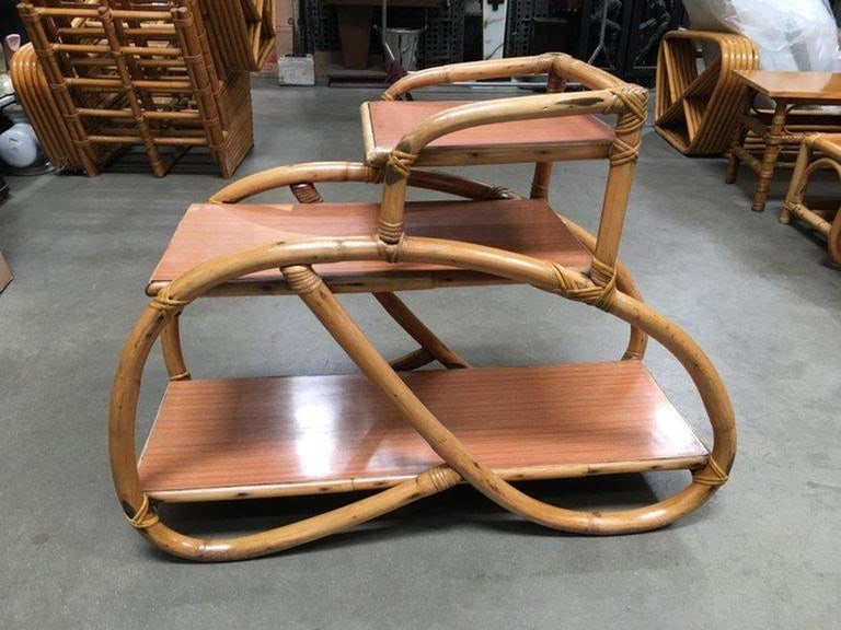Restored 3/4 Pretzel Rattan Three-Tier Side Table, Pair - 6
