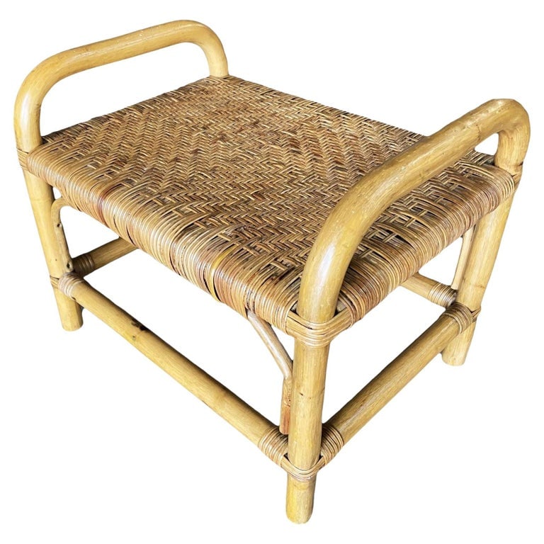 Restored Single Stand Rattan Staple Side Ottoman Stool W Woven Wicker Seat (1 of 8)