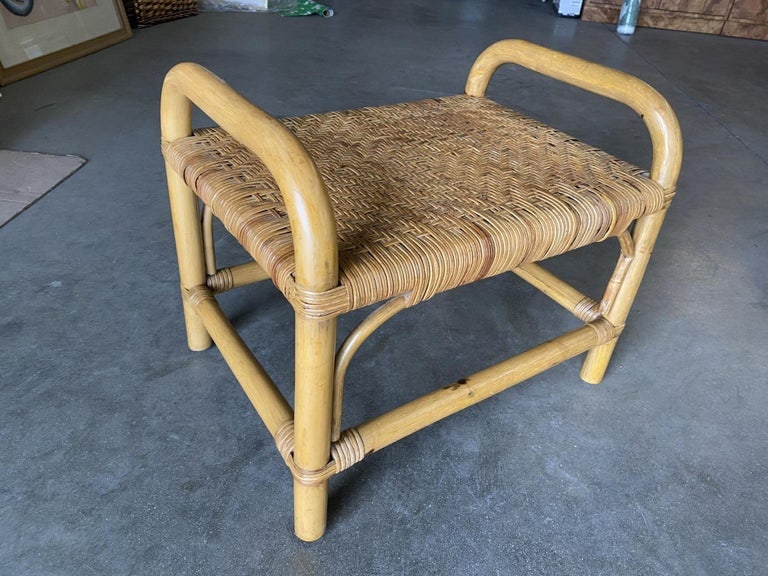Restored Single Stand Rattan Staple Side Ottoman Stool W Woven Wicker Seat - 5