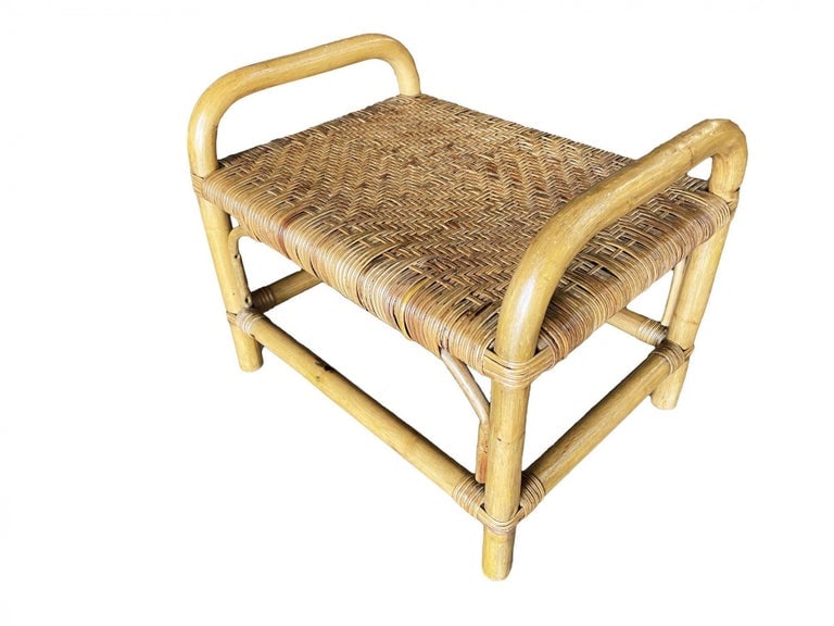 Restored Single Stand Rattan Staple Side Ottoman Stool W Woven Wicker Seat - 8