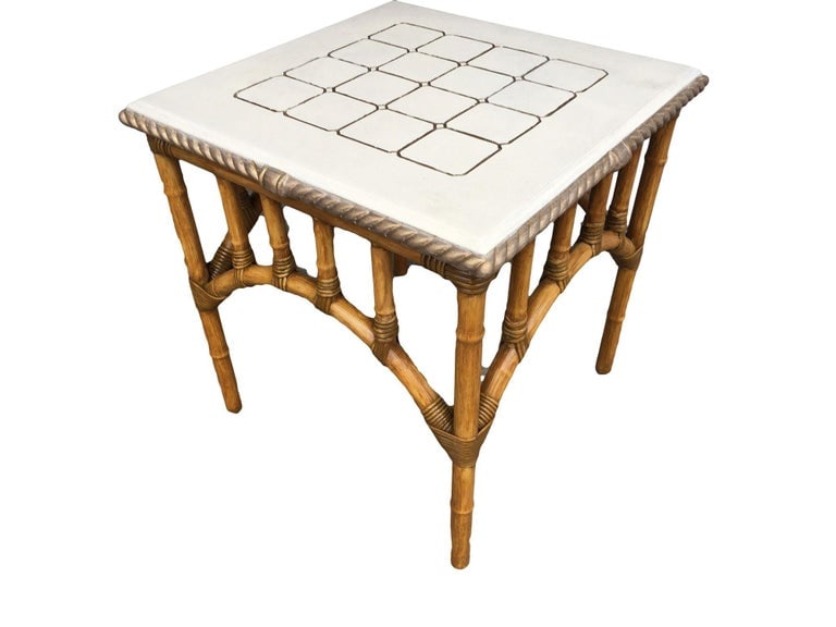 Restored Rattan Center Coffee Table with Solid Resin Top - 8