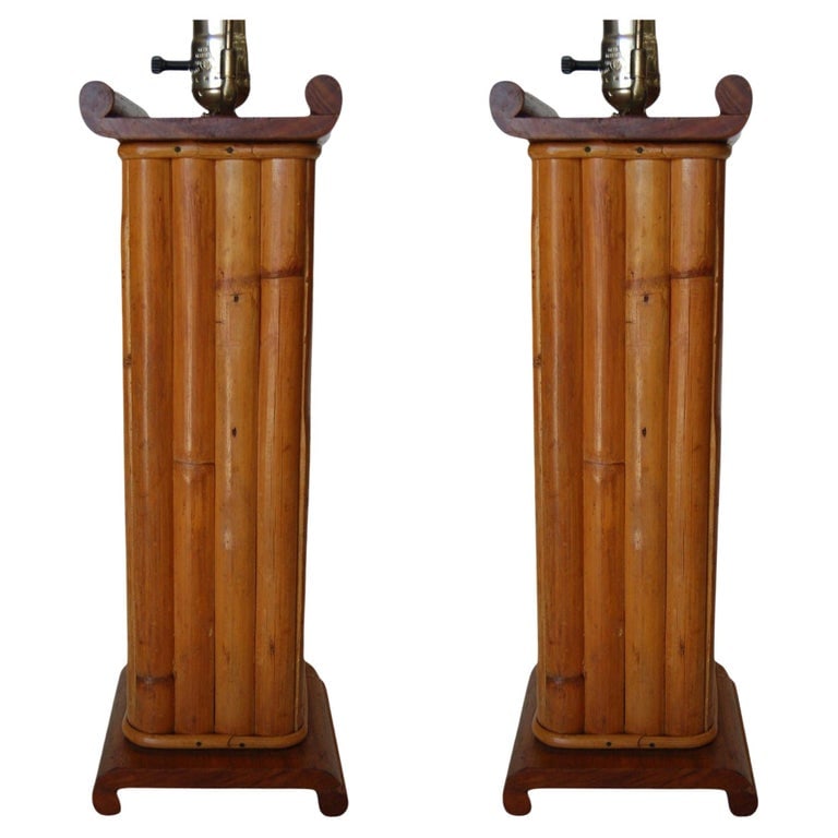 Pair of Restored Demi Inspired Rattan and Mahogany Table Lamps, Pair - 2