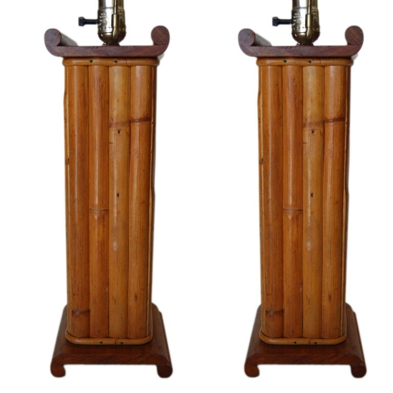 Pair of Restored Demi Inspired Rattan and Mahogany Table Lamps, Pair - 3