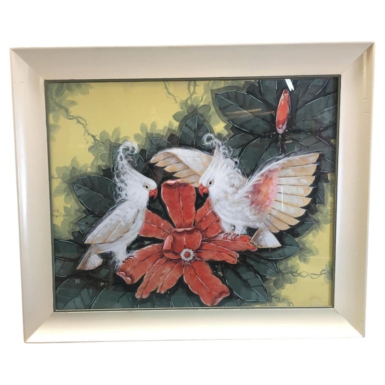 Restored Post-War Hawaiian Bird and Botanical Airbrush Painting, Framed - 2