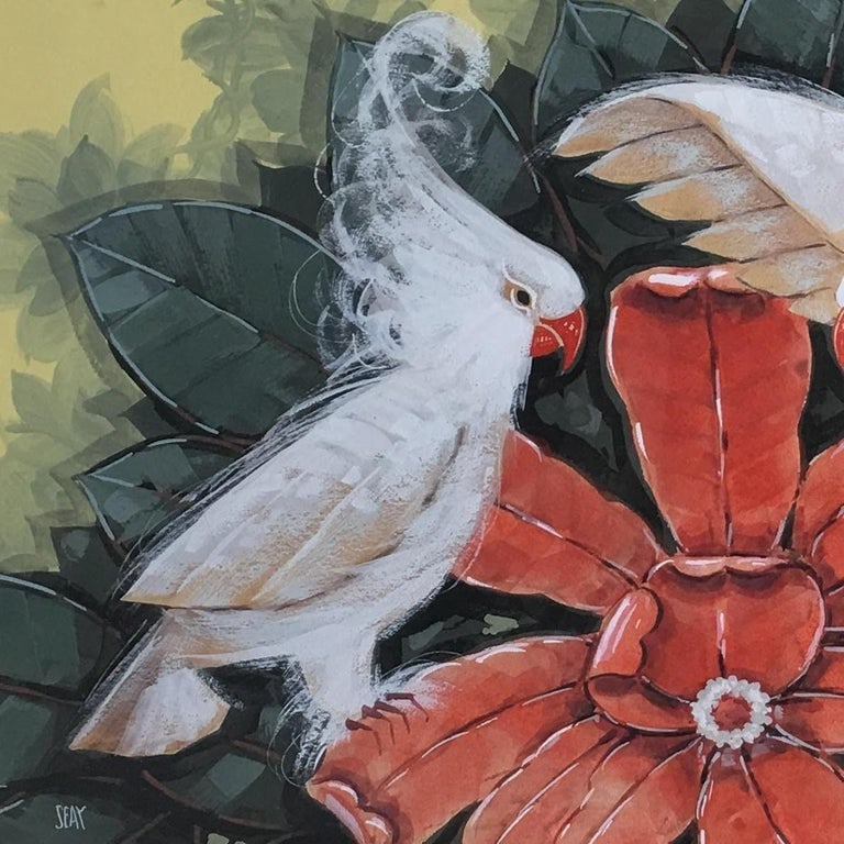 Restored Post-War Hawaiian Bird and Botanical Airbrush Painting, Framed - 6
