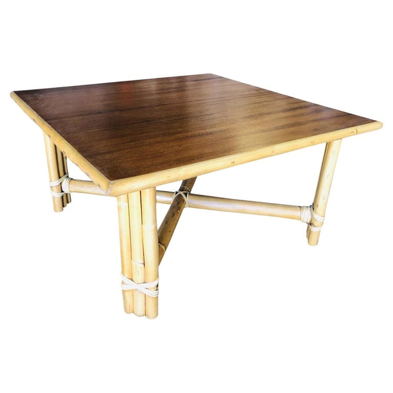 Restored Large "x" Base Rattan Coffee Table W/ Mahogany Top - 2