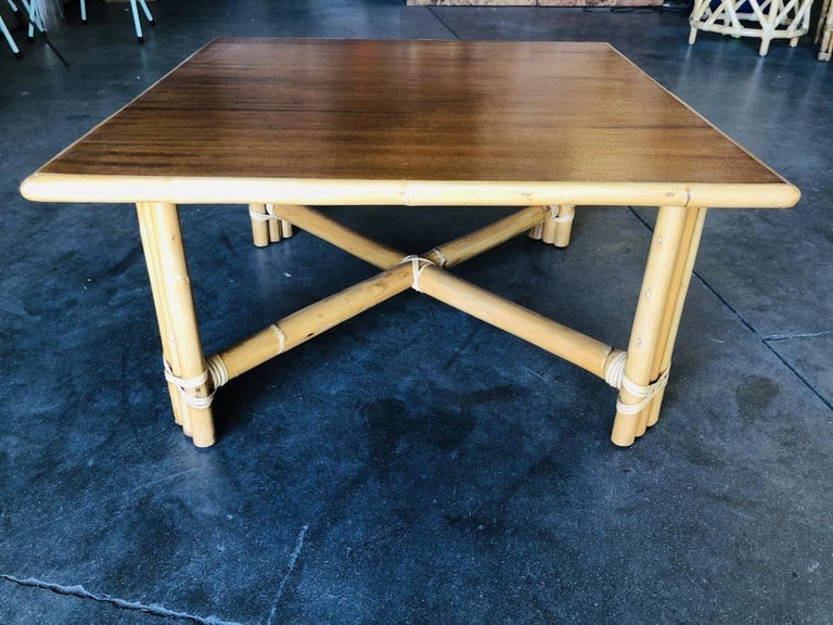 Restored Large "x" Base Rattan Coffee Table W/ Mahogany Top - 5
