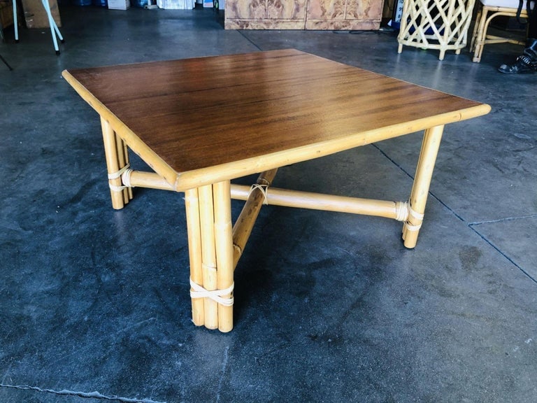 Restored Large "x" Base Rattan Coffee Table W/ Mahogany Top - 8