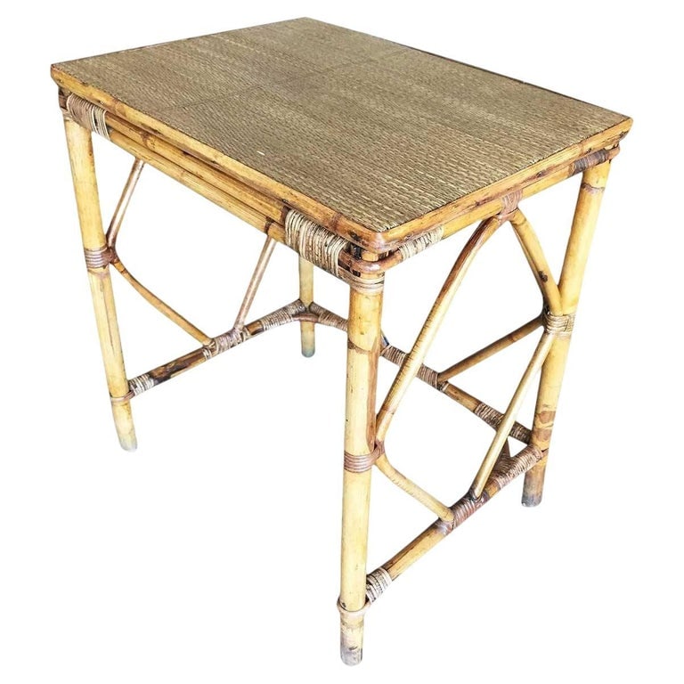Restored Art deco Blond Rattan Side Table W/ Rice Mat Top - 2
