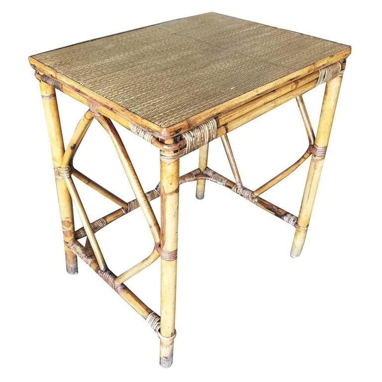 Restored Art deco Blond Rattan Side Table W/ Rice Mat Top - 3