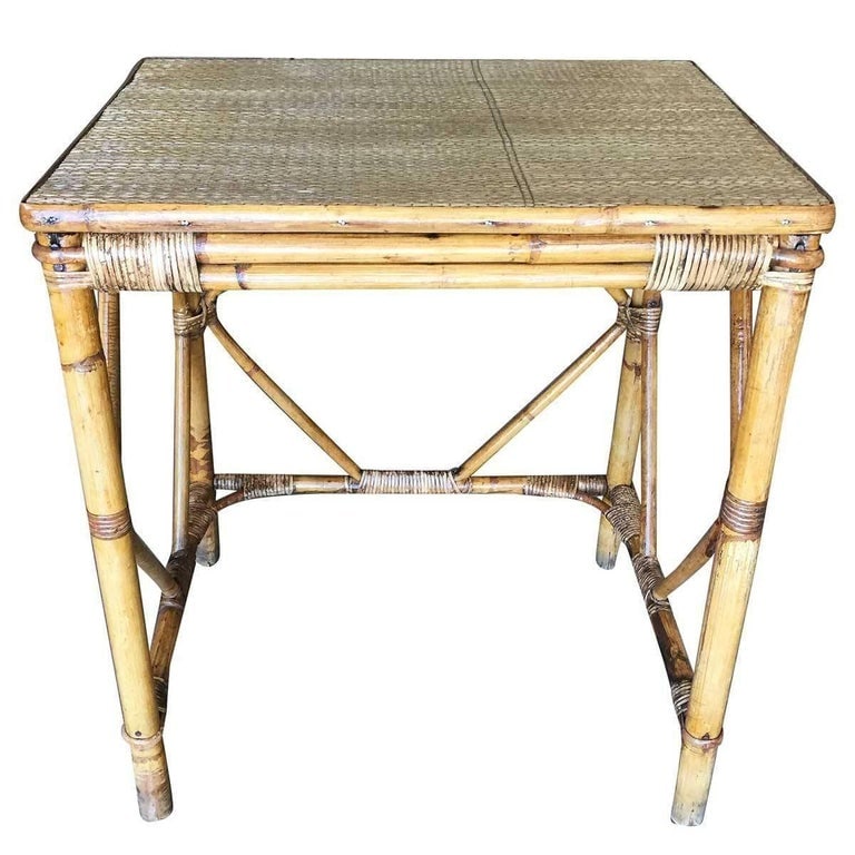 Restored Art deco Blond Rattan Side Table W/ Rice Mat Top - 4