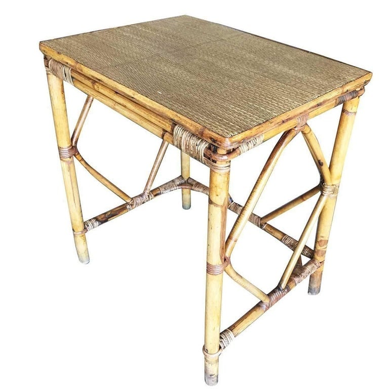 Restored Art deco Blond Rattan Side Table W/ Rice Mat Top - 7