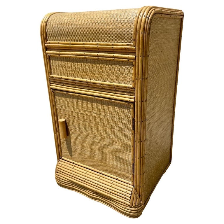 Restored Streamline Grass Mat Covered Reed Rattan Bedside Table - 2