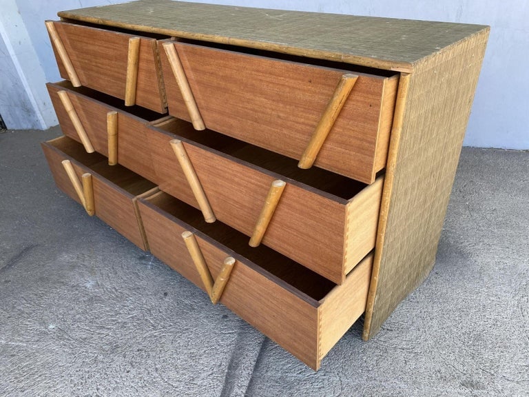 Restored Vintage 1950s Teak and Rice Mat "V" Lowboy Dresser With Rattan - 5