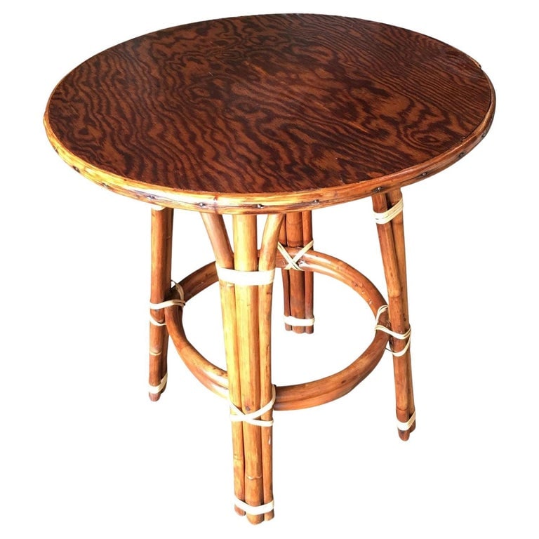 Restored Rattan "Double Circle" Side Table W/ Mahogany Top - 2